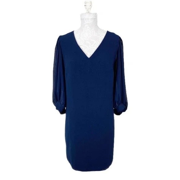 Ann Taylor Dresses & Skirts - Ann Taylor Navy V-Neck Sheath Dress‎ with Sheer 3/4 Sleeve